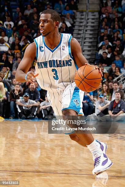 Chris Paul of the New Orleans Hornets drives against the Houston Rockets during the game on January 2, 2010 at the New Orleans Arena in New Orleans,...