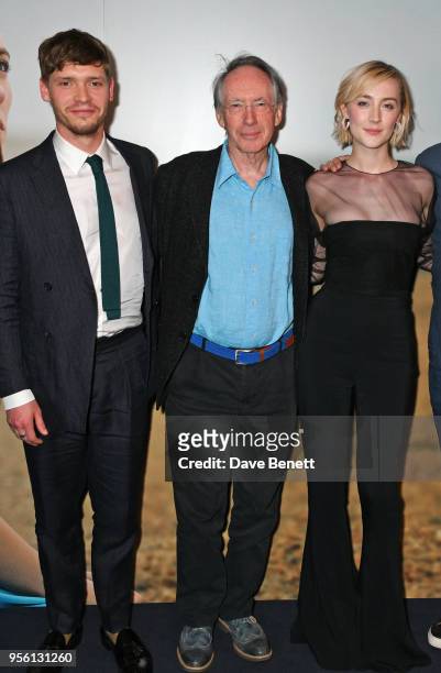 Billy Howle, author Ian McEwan and Saoirse Ronan attend a special screening of "On Chesil Beach" at The Curzon Mayfair on May 8, 2018 in London,...