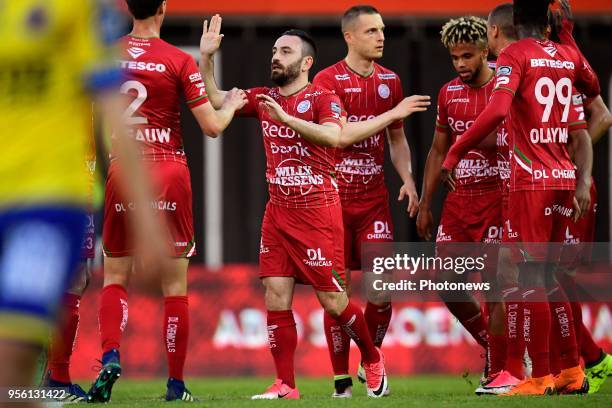 Onur Kaya midfielder of SV Zulte Waregem celebrates scoring a goal during the Jupiler Pro League Play - Off 2A match between SV Zulte Waregem and...