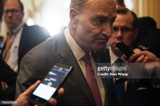 Senate Minority Leader Sen. Chuck Schumer speaks to members of the media after a news briefing at the Capitol May 8, 2018 in Washington, DC. Senate...