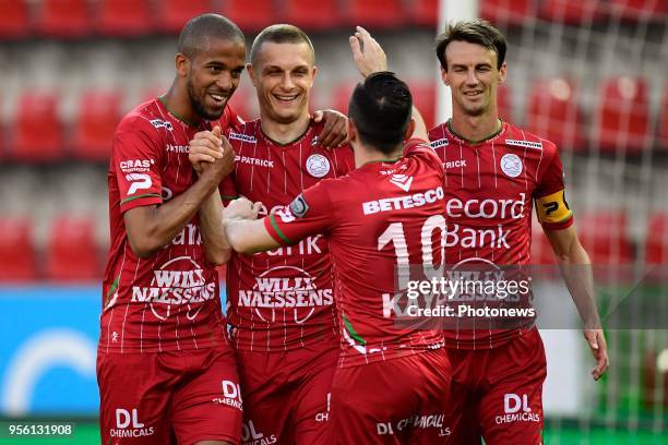 Timothy Derijck defender of SV Zulte Waregem celebrates scoring a goal with teammates during the Jupiler Pro League Play - Off 2A match between SV...