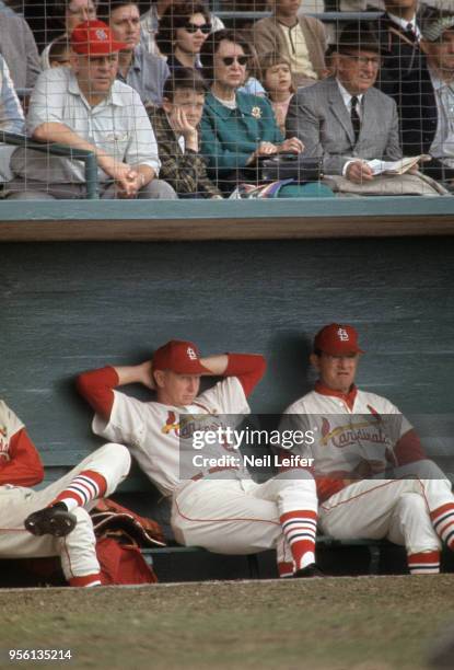 St. Louis Cardinals manager Red Schoendienst in dugout during spring training game. Florida 3/1/1965 -- 3/30/1965 CREDIT: Neil Leifer