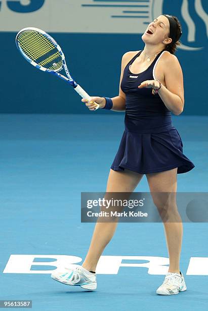 Anastasia Pavlyuchenkova of Russia reacts after losing a point in her quarter final match against Ana Ivanovic of Serbia during day five of the...