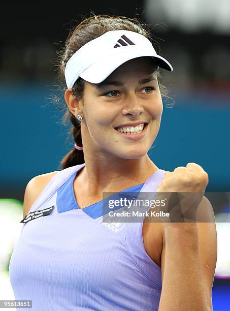 Ana Ivanovic of Serbia celebrates winning a point in her quarter final match against Anastasia Pavlyuchenkova of Russia during day five of the...