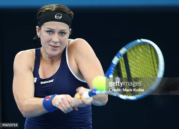 Anastasia Pavlyuchenkova of Russia plays a backhand in her quarter final match against Ana Ivanovic of Serbia during day five of the Brisbane...