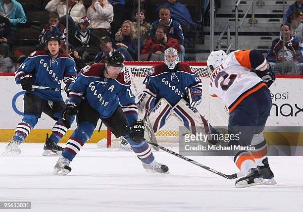 Mark Streit of the New York Islanders puts a shot on goal against Milan Hejduk and goaltender Craig Anderson of the Colorado Avalanche at the Pepsi...