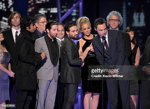 Cast members from "The Big Bang Theory" accept the Favorite TV Comedy award onstage during the People's Choice Awards 2010 held at Nokia Theatre L.A....