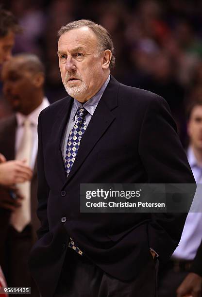 Head coach Rick Adelman of the Houston Rockets looks on during the NBA game against the Phoenix Suns at US Airways Center on January 6, 2010 in...