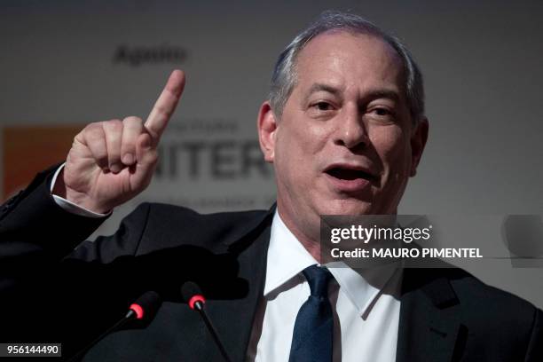 Brazil's presidential pre-candidate for the Democratic Labour Party Ciro Gomes speaks during the National Mayors Meeting in the city of Niteroi, Rio...