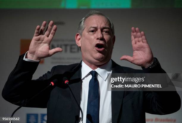 Brazil's presidential pre-candidate for the Democratic Labour Party Ciro Gomes speaks during the National Mayors Meeting in the city of Niteroi, Rio...