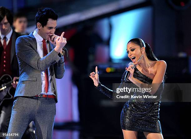 Singers Gabe Saporta of Cobra Starship and Nicole Scherzinger perform onstage during the People's Choice Awards 2010 held at Nokia Theatre L.A. Live...