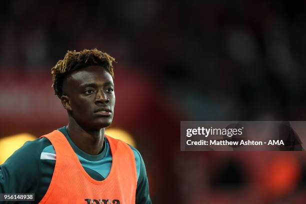 Tammy Abraham of Swansea City warms up during the Premier League match between Swansea City and Southampton at Liberty Stadium on May 8, 2018 in...