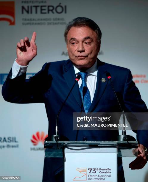 Brazil's presidential pre-candidate for the Podemos party Podemos Alvaro Dias speaks during the National Mayors Meeting in the city of Niteroi, Rio...