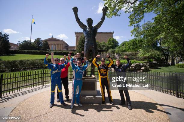 Yeley, Kaz Grala, Dylan Lupton, Daniel Hemric, and Jeffrey Earnhardt pose for a picture in front of the Rocky Statue during the 3rd Annual NASCAR...