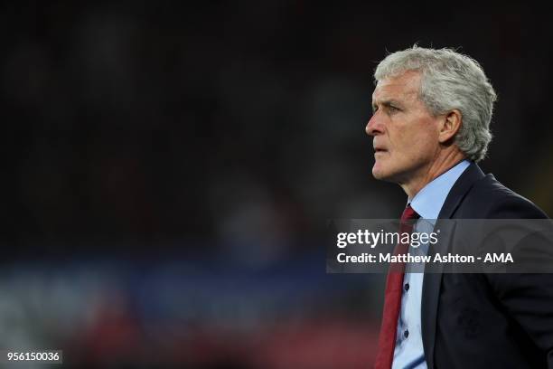 Mark Hughes head coach / manager of Southampton looks on during the Premier League match between Swansea City and Southampton at Liberty Stadium on...