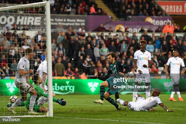 Manolo Gabbiadini of Southampton scores his sides first goal during the Premier League match between Swansea City and Southampton at Liberty Stadium...