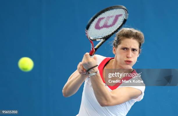 Andrea Petkovic of Germany hits a backhand in her quarter final match against Daniela Hantuchova of Slovakia during day five of the Brisbane...