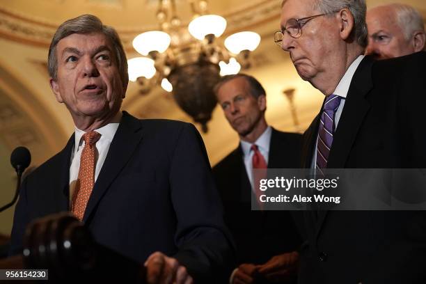 Sen. Roy Blunt speaks as Sen. John Thune , Senate Majority Leader Sen. Mitch McConnell , and Senate Majority Whip Sen. John Cornyn listen during a...