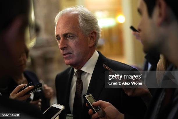 Sen. Bob Corker speaks to members of the media after a weekly Senate Republican Policy Luncheon at the Capitol May 8, 2018 in Washington, DC. Senate...