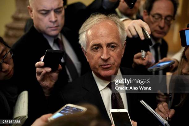 Sen. Bob Corker speaks to members of the media after a weekly Senate Republican Policy Luncheon at the Capitol May 8, 2018 in Washington, DC. Senate...