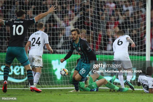 Manolo Gabbiadini of Southampton scores a goal to make it 0-1 during the Premier League match between Swansea City and Southampton at Liberty Stadium...