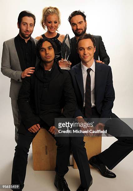 Actors Simon Helberg, Kaley Cuoco, Johnny Galecki, Kunal Nayyar and Jim Parsons pose for a portrait during the People's Choice Awards 2010 held at...