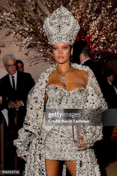 Rihanna attends the Heavenly Bodies: Fashion & The Catholic Imagination Costume Institute Gala at The Metropolitan Museum of Art on May 7, 2018 in...