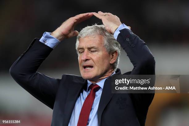 Mark Hughes head coach / manager of Southampton reacts during the Premier League match between Swansea City and Southampton at Liberty Stadium on May...