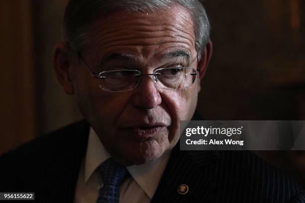 Sen. Robert Menendez speaks to members of the media prior to a weekly Senate Democratic Policy Luncheon at the Capitol May 8, 2018 in Washington, DC....