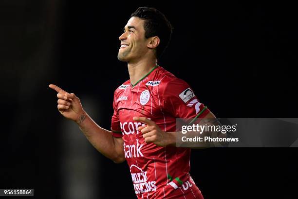 Hamdi Harbaoui forward of SV Zulte Waregem celebrates scoring a goal during the Jupiler Pro League Play - Off 2A match between SV Zulte Waregem and...