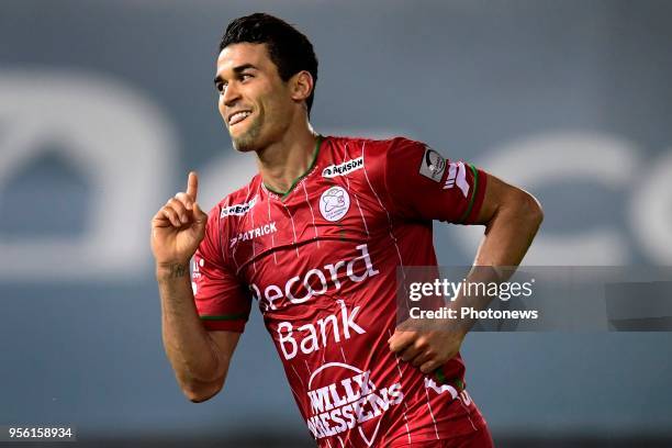 Hamdi Harbaoui forward of SV Zulte Waregem celebrates scoring a goal during the Jupiler Pro League Play - Off 2A match between SV Zulte Waregem and...