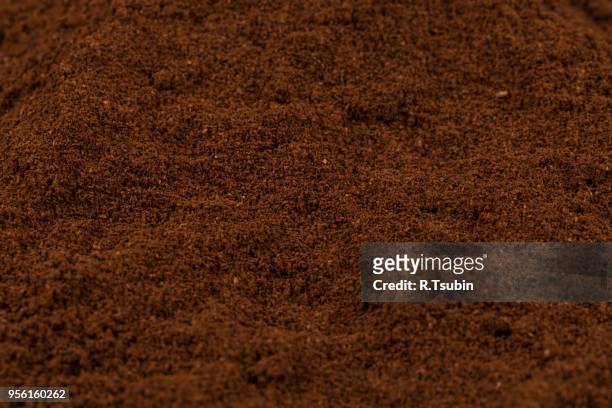 macro shot of heap of ground coffee close-up - ground coffee stock pictures, royalty-free photos & images
