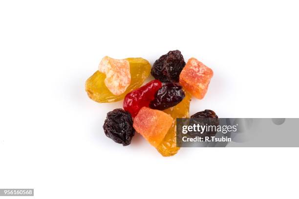 mix variety of dried fruit over white background - fructose stock pictures, royalty-free photos & images