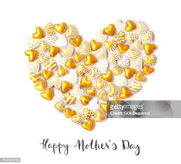ilustrações de stock, clip art, desenhos animados e ícones de happy mother's day - handmade greeting card with 3d gold hearts arranged in one big heart and handwritten text - mothers day text art
