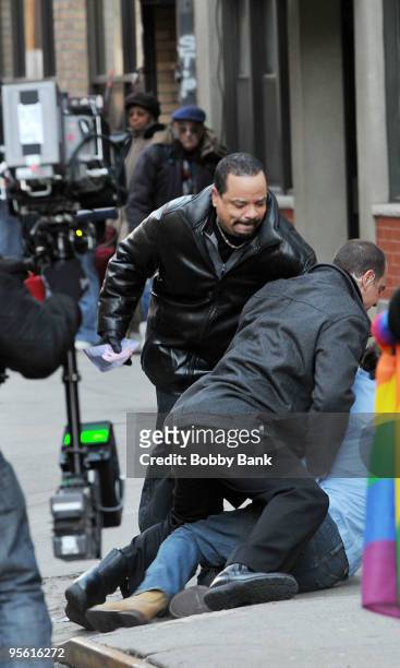 Christopher Meloni and Ice-T on location for "Law & Order: SVU" on the streets of Manhattan on January 6, 2010 in New York City.