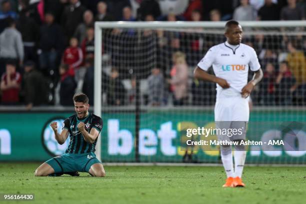 Wesley Hoedt of Southampton reacts at full time during the Premier League match between Swansea City and Southampton at Liberty Stadium on May 8,...