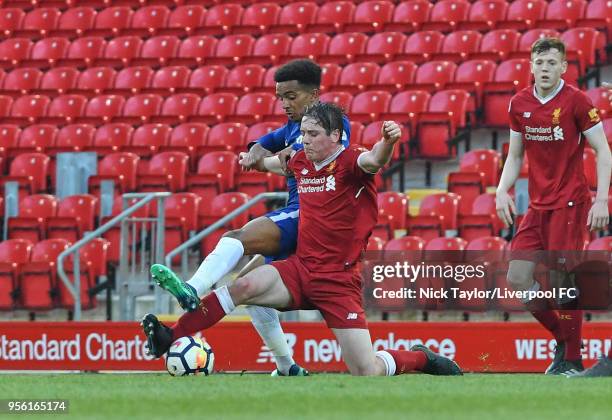 Liam Coyle of Liverpool and Jacob Maddox of Chelsea in action during the Premier League 2 match between Liverpool and Chelsea at Anfield on May 8,...