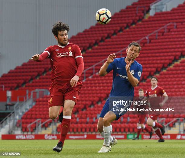 Corey Whelan of Liverpool and Charlie Colkett of Chelsea in action during the Premier League 2 match between Liverpool and Chelsea at Anfield on May...