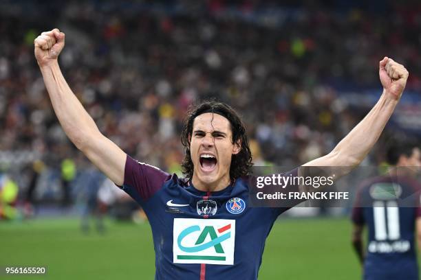 Paris Saint-Germain's Uruguayan forward Edinson Cavani celebrates after scoring a goal during the French Cup final football match between Les...