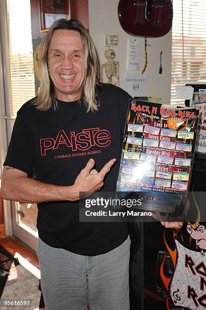 Nicko McBrain of Iron Maiden poses at his restaurant ''Rock N Roll Ribs'' on January 6, 2010 in Coral Springs, Florida.