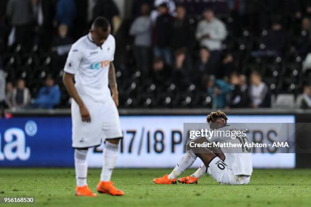 Dejected Tammy Abraham of Swansea City at full time during the Premier League match between Swansea City and Southampton at Liberty Stadium on May 8,...