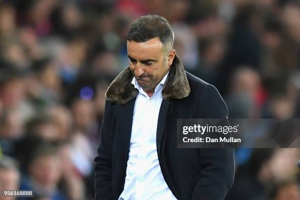 Carlos Carvalhal, Manager of Swansea City looks dejected during the Premier League match between Swansea City and Southampton at Liberty Stadium on...