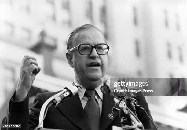 Israeli Foreign Affairs Minister Abba Eban speaks at a pro Israeli rally at City Hall Plaza in in New York City on October 13, 1973.