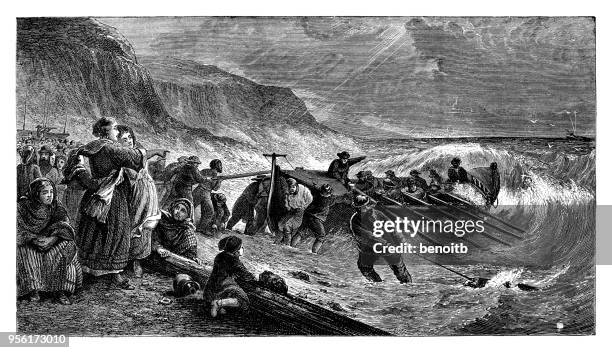 launching the lifeboat - sailor rain stock illustrations