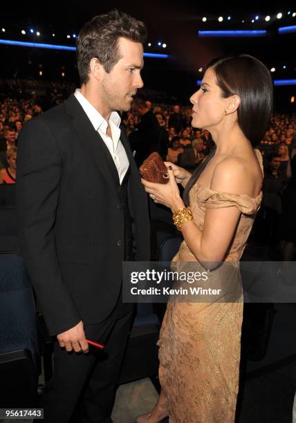 Actors Ryan Reynolds and Sandra Bullock during the People's Choice Awards 2010 held at Nokia Theatre L.A. Live on January 6, 2010 in Los Angeles,...