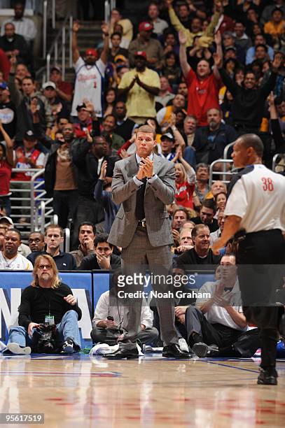 Blake Griffin of the Los Angeles Clippers applauds during a game against the Los Angeles Lakers at Staples Center on January 6, 2010 in Los Angeles,...