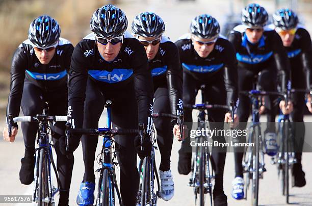 Bradley Wiggins of Great Britain and Team SKY rides with his team mates on a Team SKY Training Camp on January 6, 2010 in Valencia, Spain.