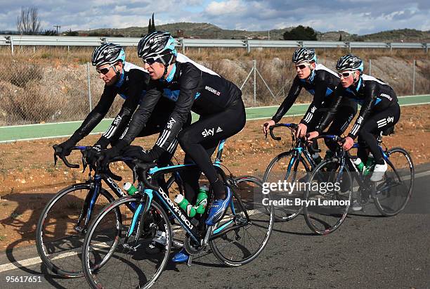 Bradley Wiggins of Great Britain and Team SKY rides with his team mates on a Team SKY Training Camp on January 6, 2010 in Valencia, Spain.