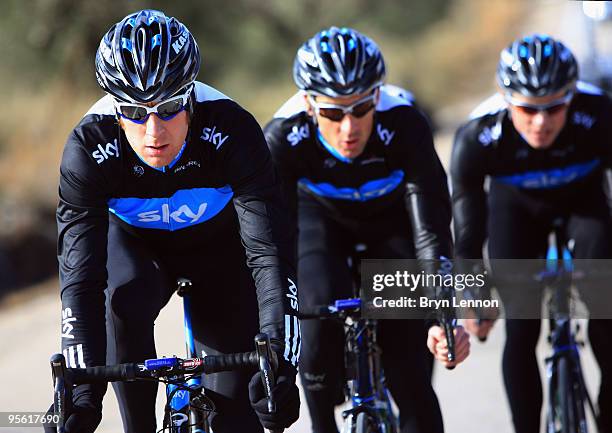 Bradley Wiggins of Great Britain and Team SKY rides with his team mates on a Team SKY Training Camp on January 6, 2010 in Valencia, Spain.