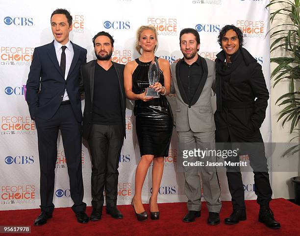 Actors Jim Parsons, Johnny Galecki, Kaley Cuoco, Simon Helberg and Kunal Nayyar pose in the press room during the People's Choice Awards 2010 held at...